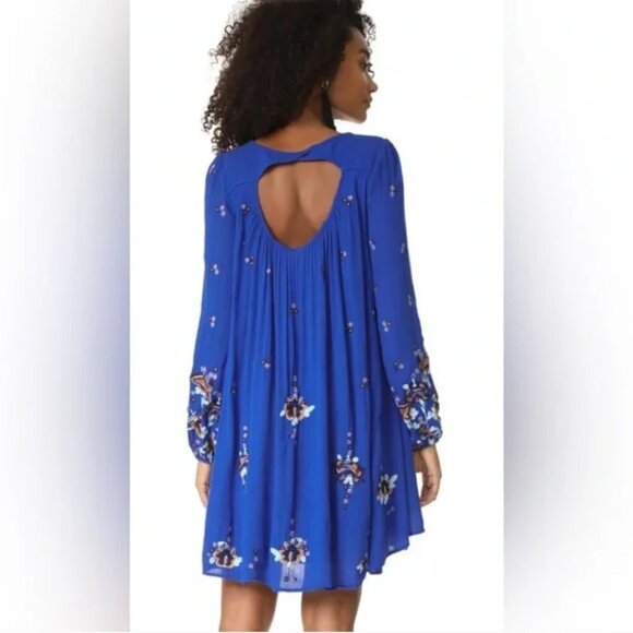 Free People Oxford Embroidered Blue Long Sleeve Cutout Back Mini Shift Dress M - Picture 15 of 16